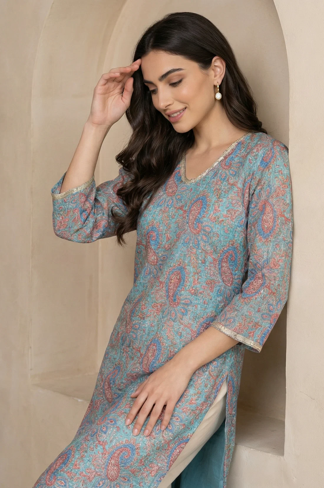 Turquoise Blue Ethnic Motifs Lace Kota Straight Kurta